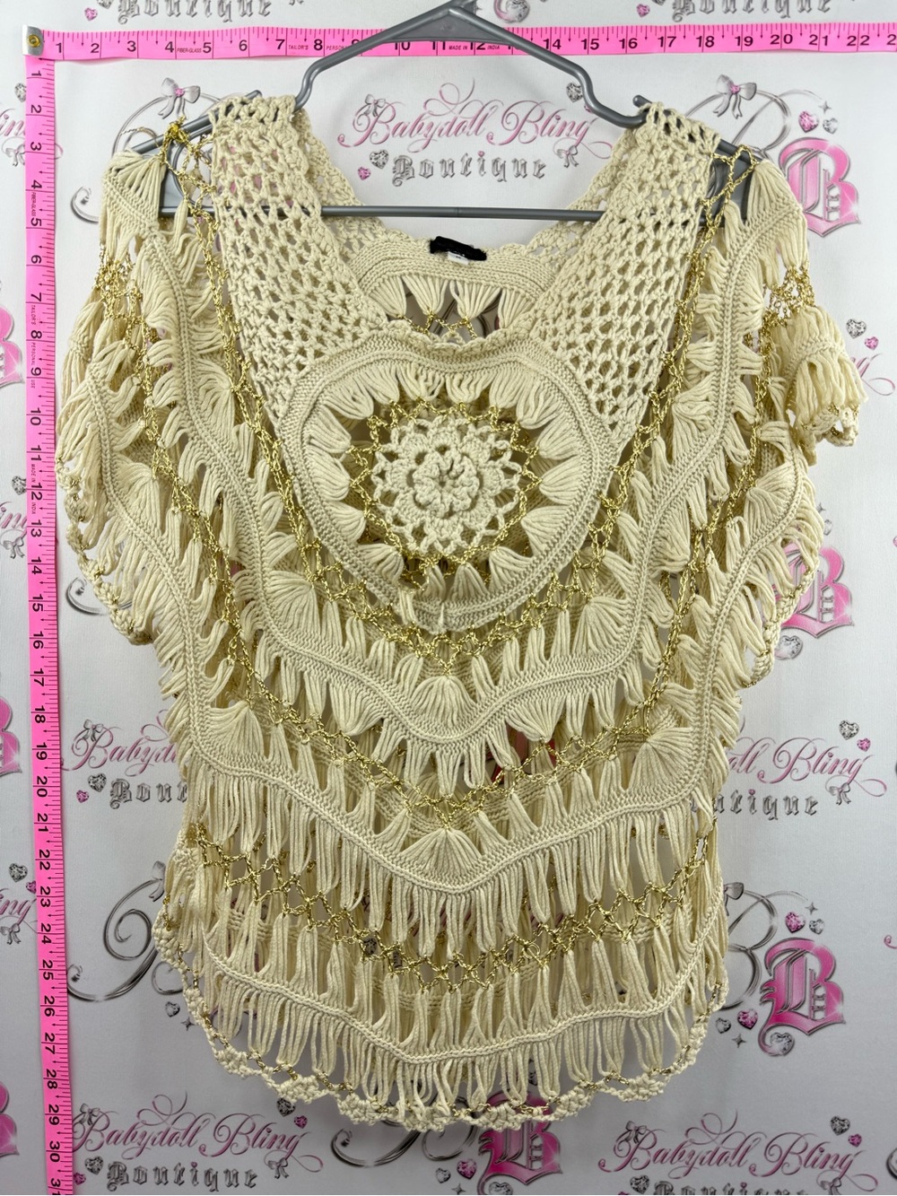 VENICE BLUE T-shirt knit gold Boho Crochet Fringe Short Sleeve Top - Cream